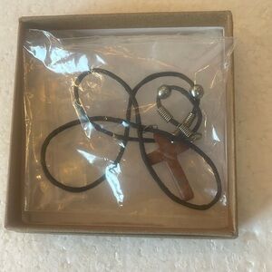 Cross stone cord pendant necklace brown Christian men women unisex
